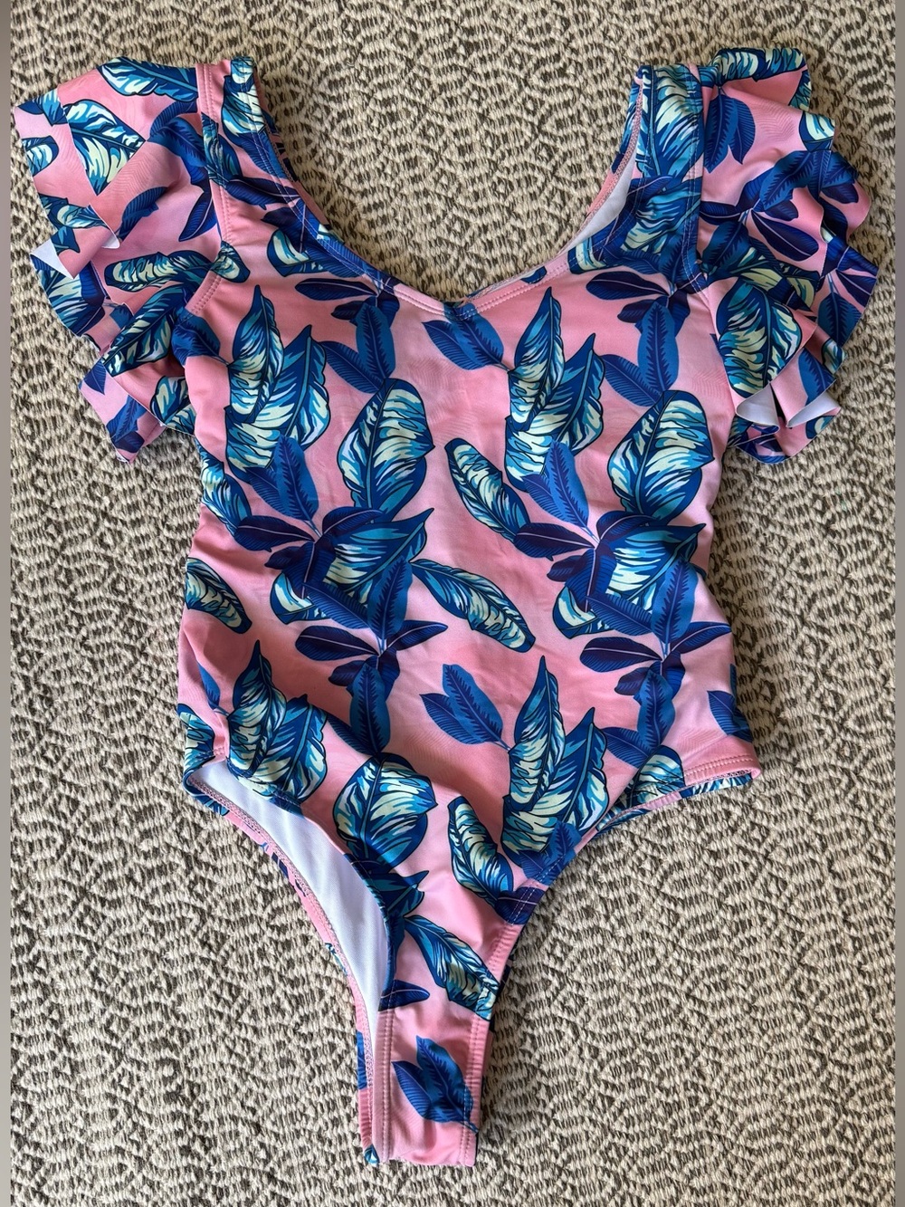 Pink Tropical Leaf Ruffle Sleeve One-Piece Swimsuit